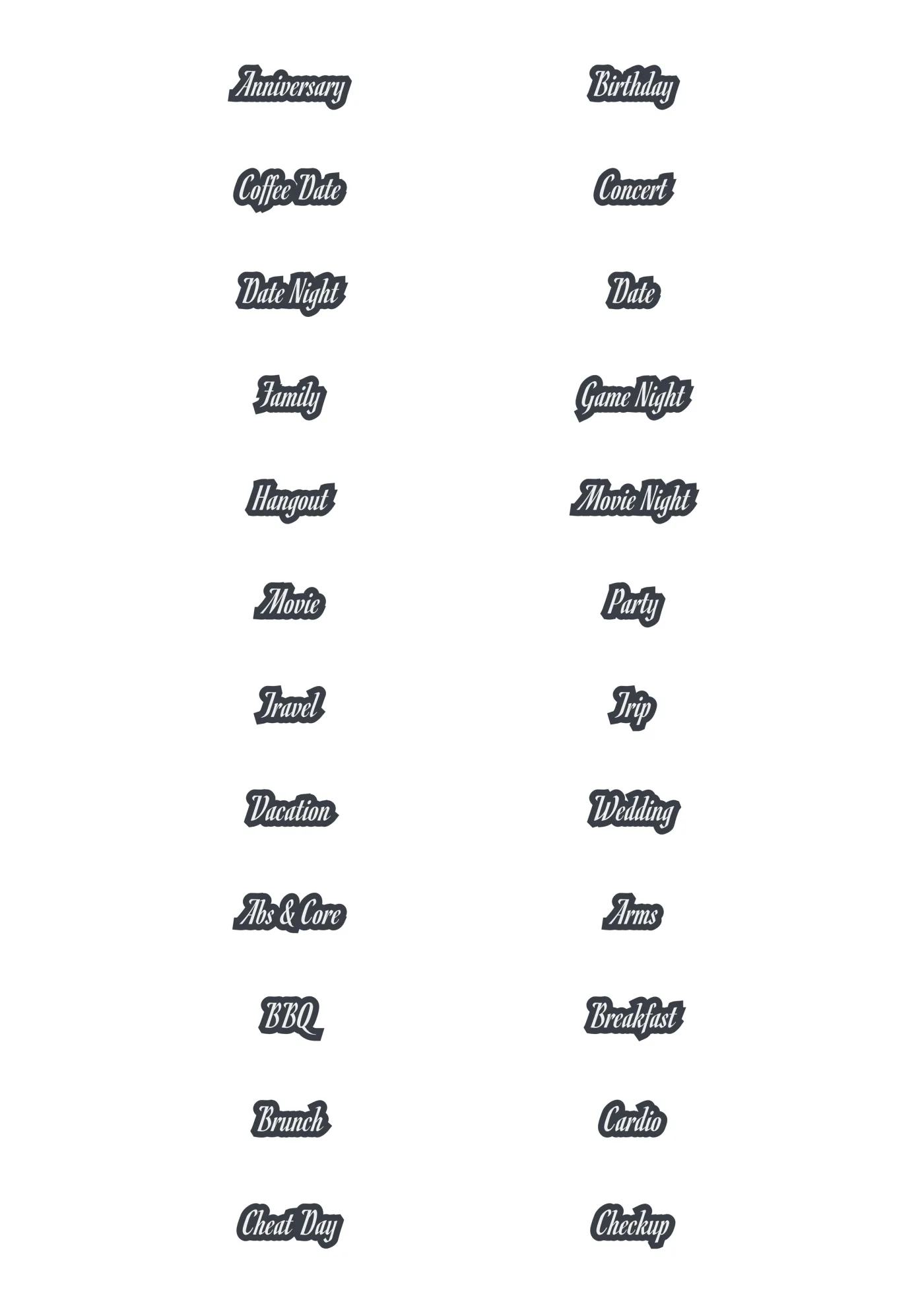 A sheet of the deluxe words script sticker line in grey, laid out in a grid so the drawing and the range are both visible.