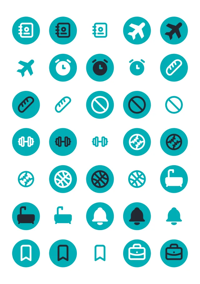 A sheet of the icons sticker line in teal, laid out in a grid so the drawing and the range are both visible.
