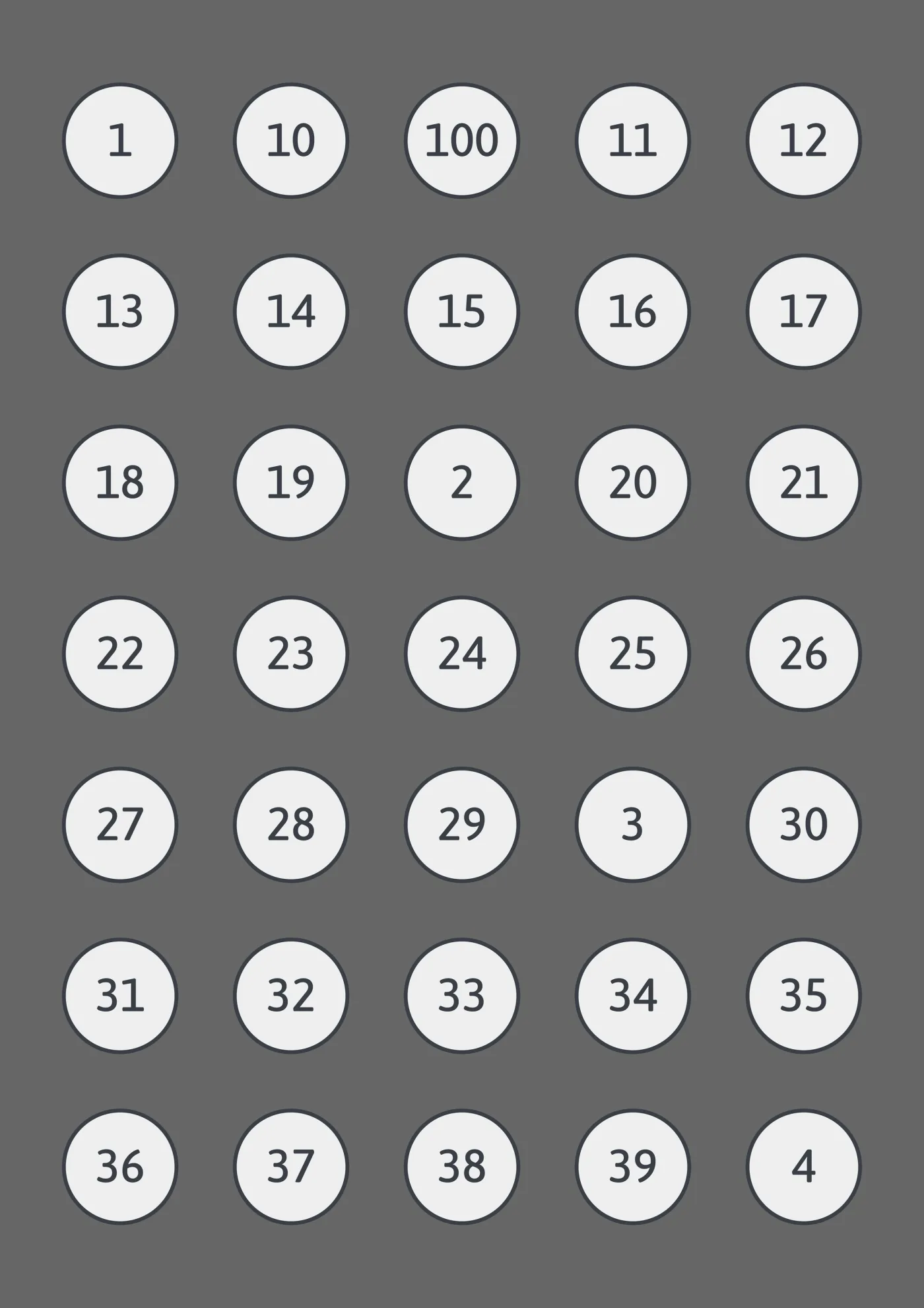 A sheet of the numbers sticker line in light grey, laid out in a grid so the drawing and the range are both visible.