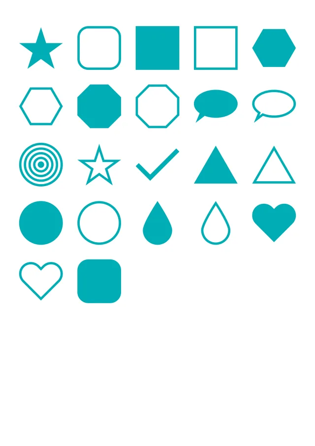 A sheet of the shapes sticker line in teal, laid out in a grid so the drawing and the range are both visible.