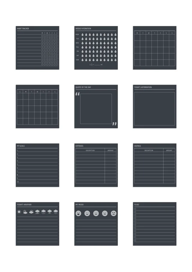 A sheet of the widgets sticker line in grey, laid out in a grid so the drawing and the range are both visible.