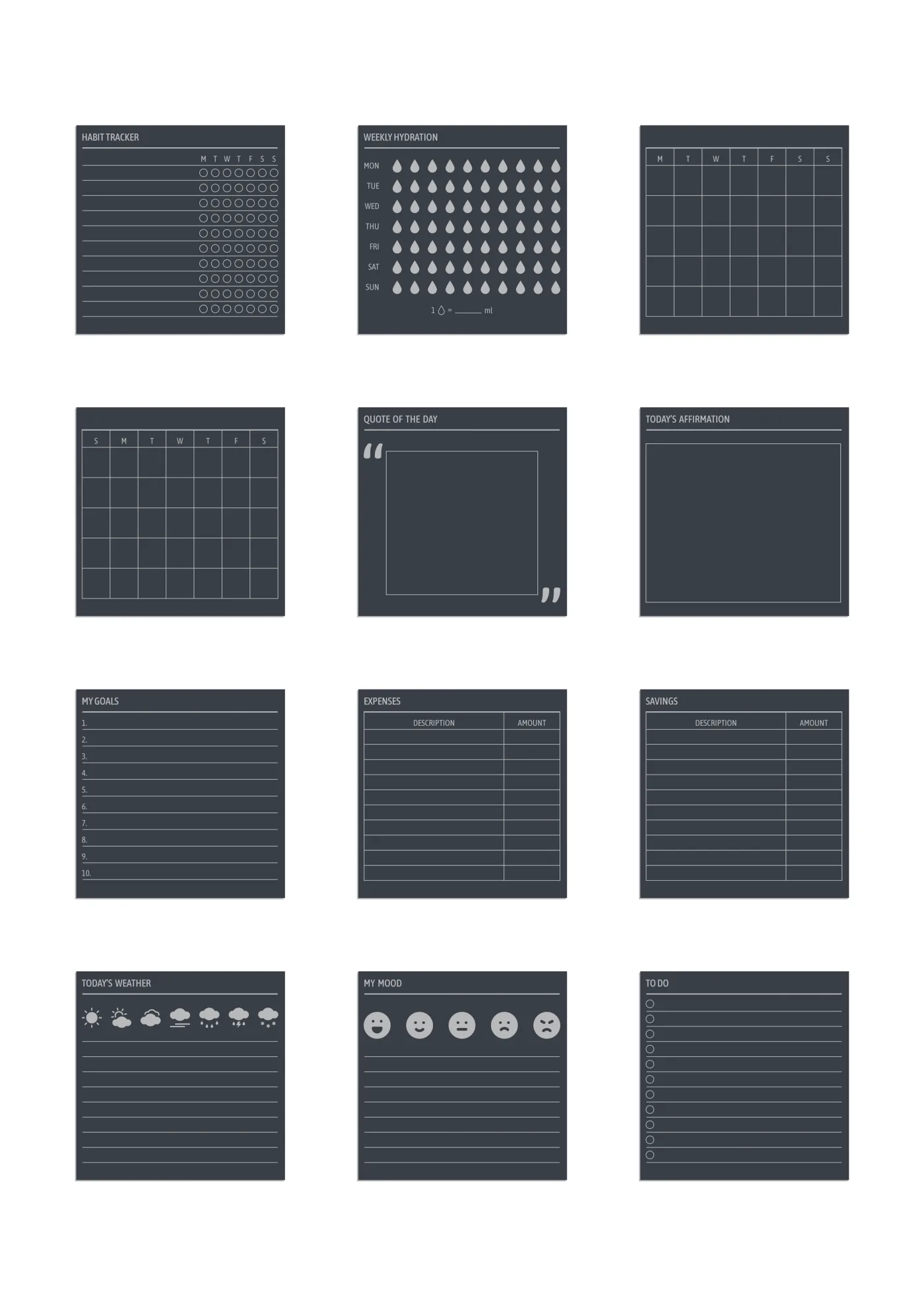 A sheet of the widgets sticker line in grey, laid out in a grid so the drawing and the range are both visible.