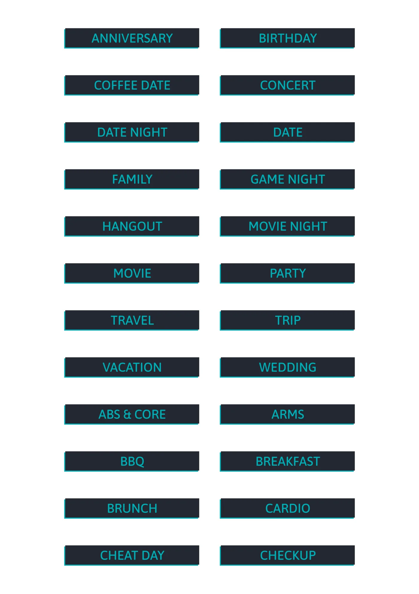 A sheet of the words sans sticker line in midnight, laid out in a grid so the drawing and the range are both visible.