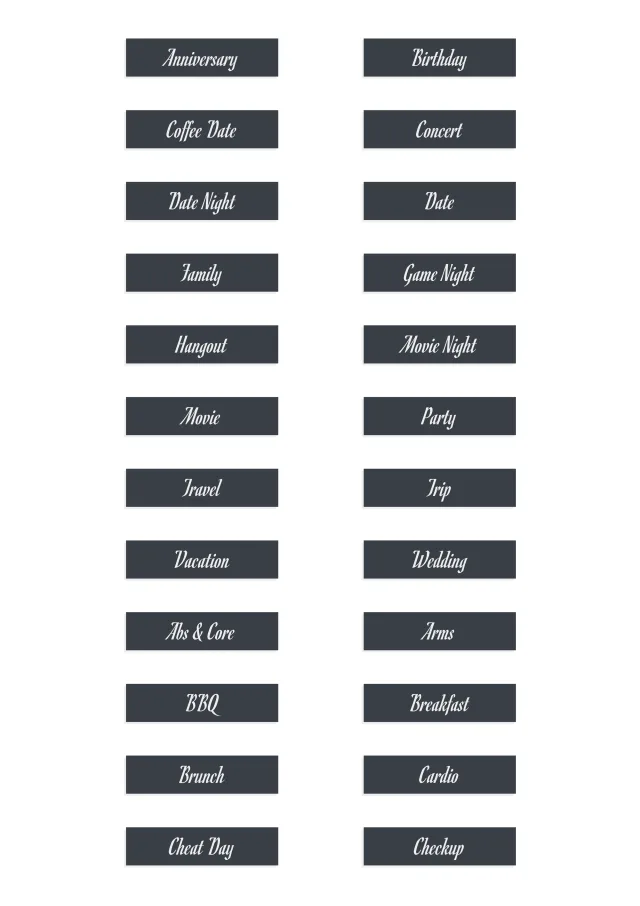 A sheet of the words script sticker line in grey, laid out in a grid so the drawing and the range are both visible.