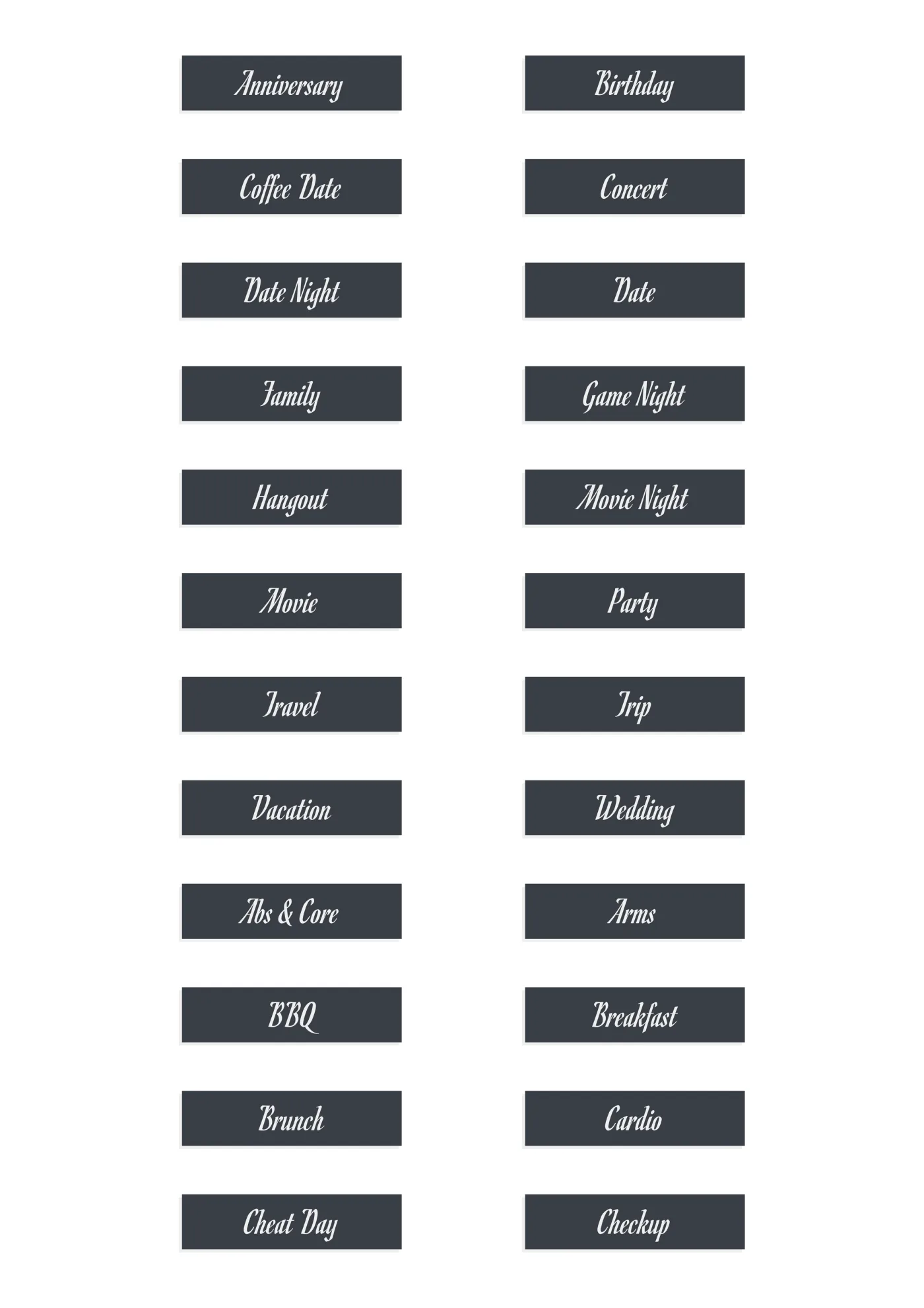 A sheet of the words script sticker line in grey, laid out in a grid so the drawing and the range are both visible.