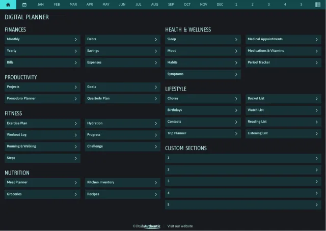 The planner’s dashboard page in the Aqua dark mode colorway — tappable section rows under the month navigation bar.