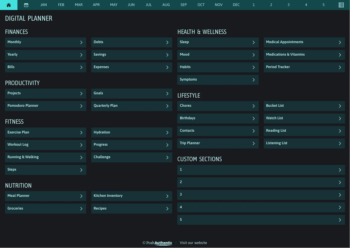 The planner’s dashboard page in the Aqua dark mode colorway — tappable section rows under the month navigation bar.
