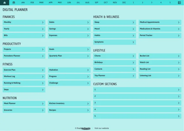 The planner’s dashboard page in the Aqua colorway — tappable section rows under the month navigation bar.
