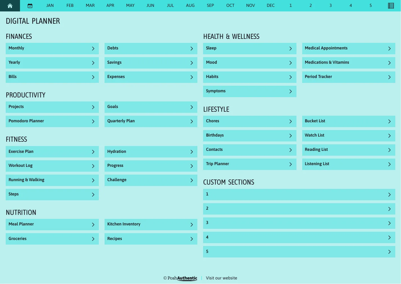 The planner’s dashboard page in the Aqua colorway — tappable section rows under the month navigation bar.
