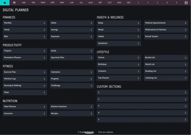 The planner’s dashboard page in the Jolt Electric dark mode colorway — tappable section rows under the month navigation bar.