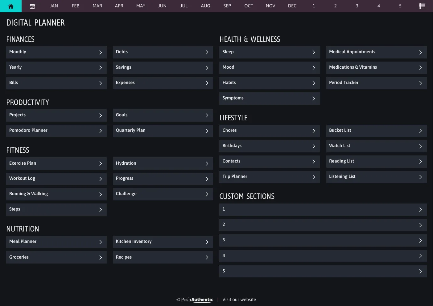 The planner’s dashboard page in the Jolt Electric dark mode colorway — tappable section rows under the month navigation bar.
