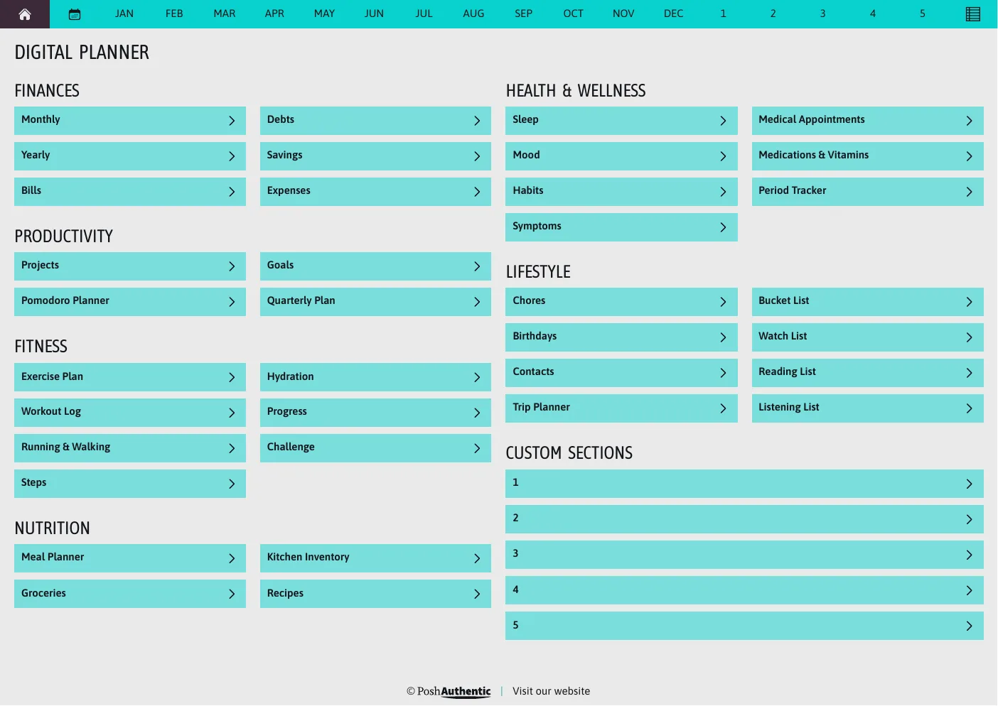 The planner’s dashboard page in the Jolt Electric colorway — tappable section rows under the month navigation bar.