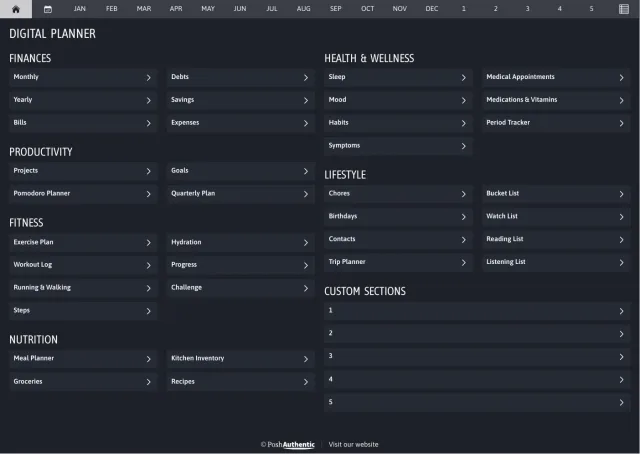The planner’s dashboard page in the Raven dark mode colorway — tappable section rows under the month navigation bar.