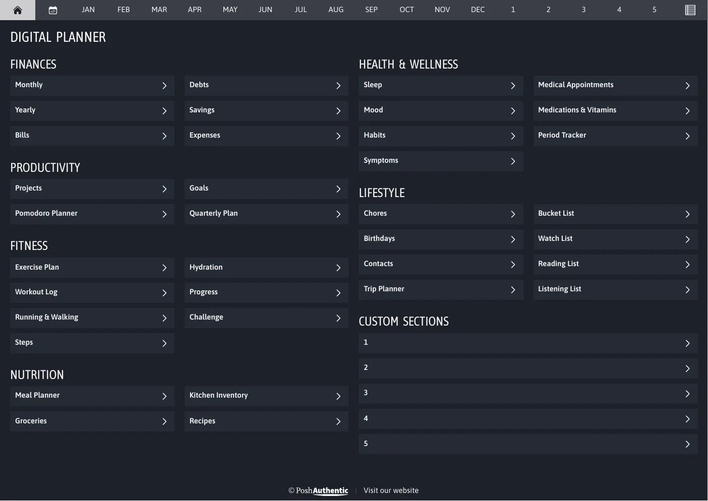 The planner’s dashboard page in the Raven dark mode colorway — tappable section rows under the month navigation bar.