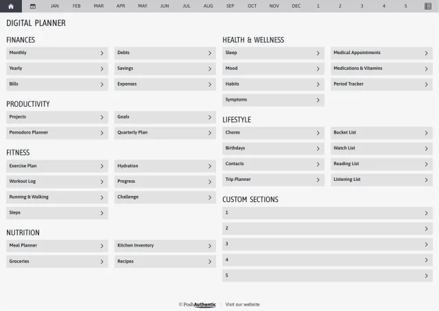 The planner’s dashboard page in the Raven colorway — tappable section rows under the month navigation bar.