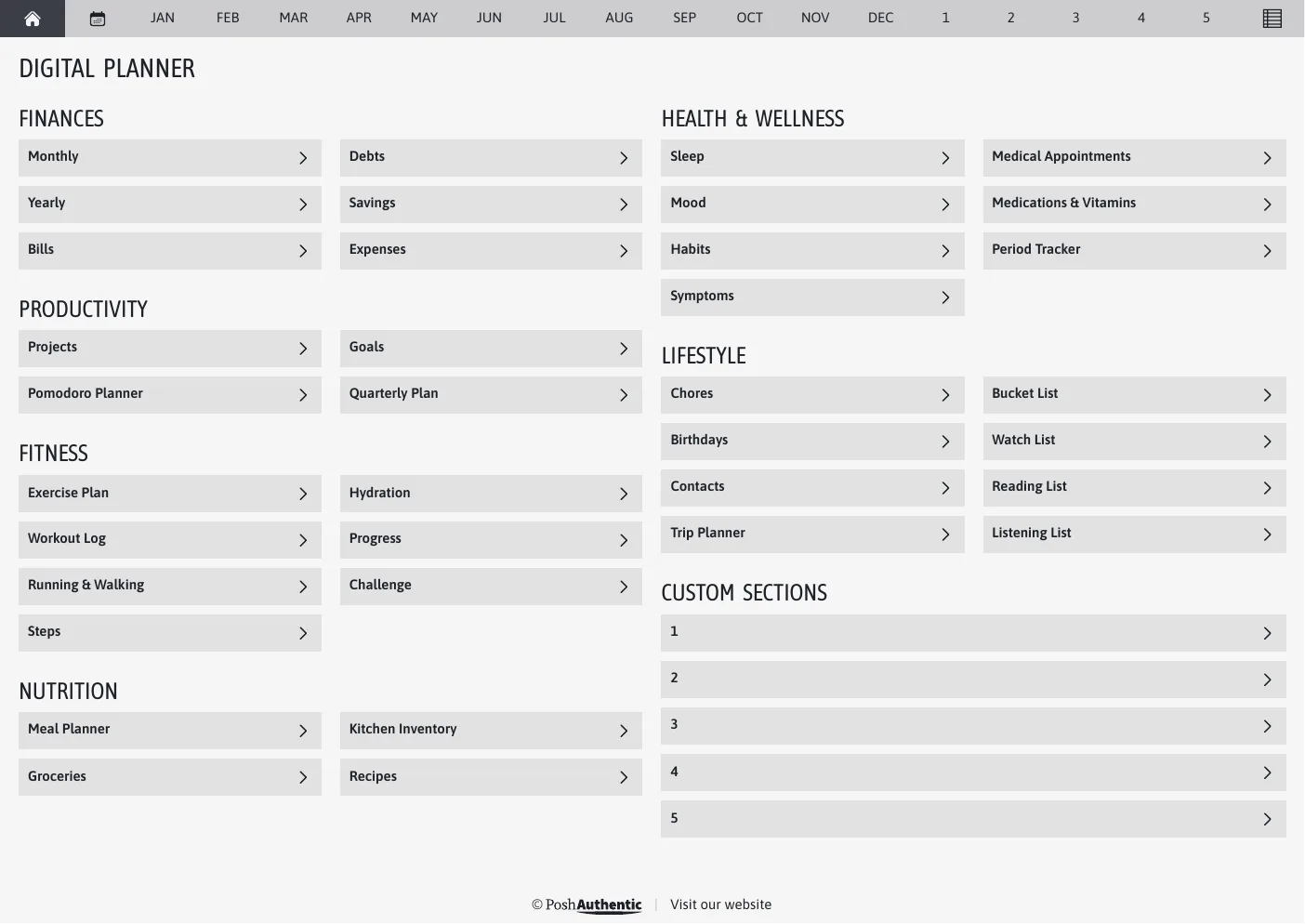 The planner’s dashboard page in the Raven colorway — tappable section rows under the month navigation bar.