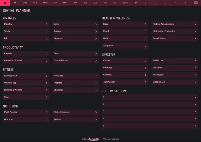 The planner’s dashboard page in the Red dark mode colorway — tappable section rows under the month navigation bar.