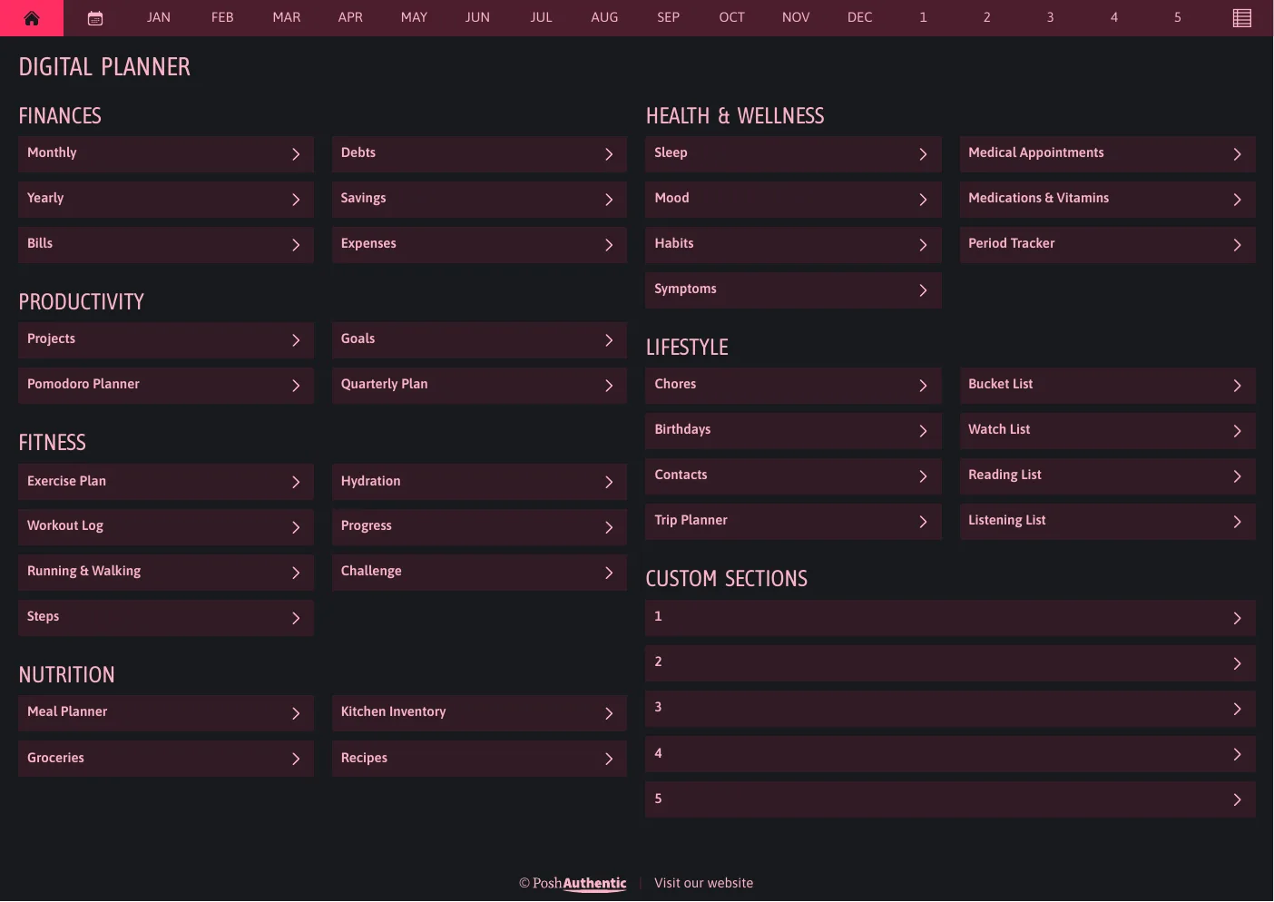 The planner’s dashboard page in the Red dark mode colorway — tappable section rows under the month navigation bar.