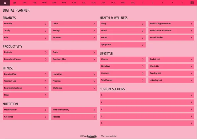 The planner’s dashboard page in the Red colorway — tappable section rows under the month navigation bar.