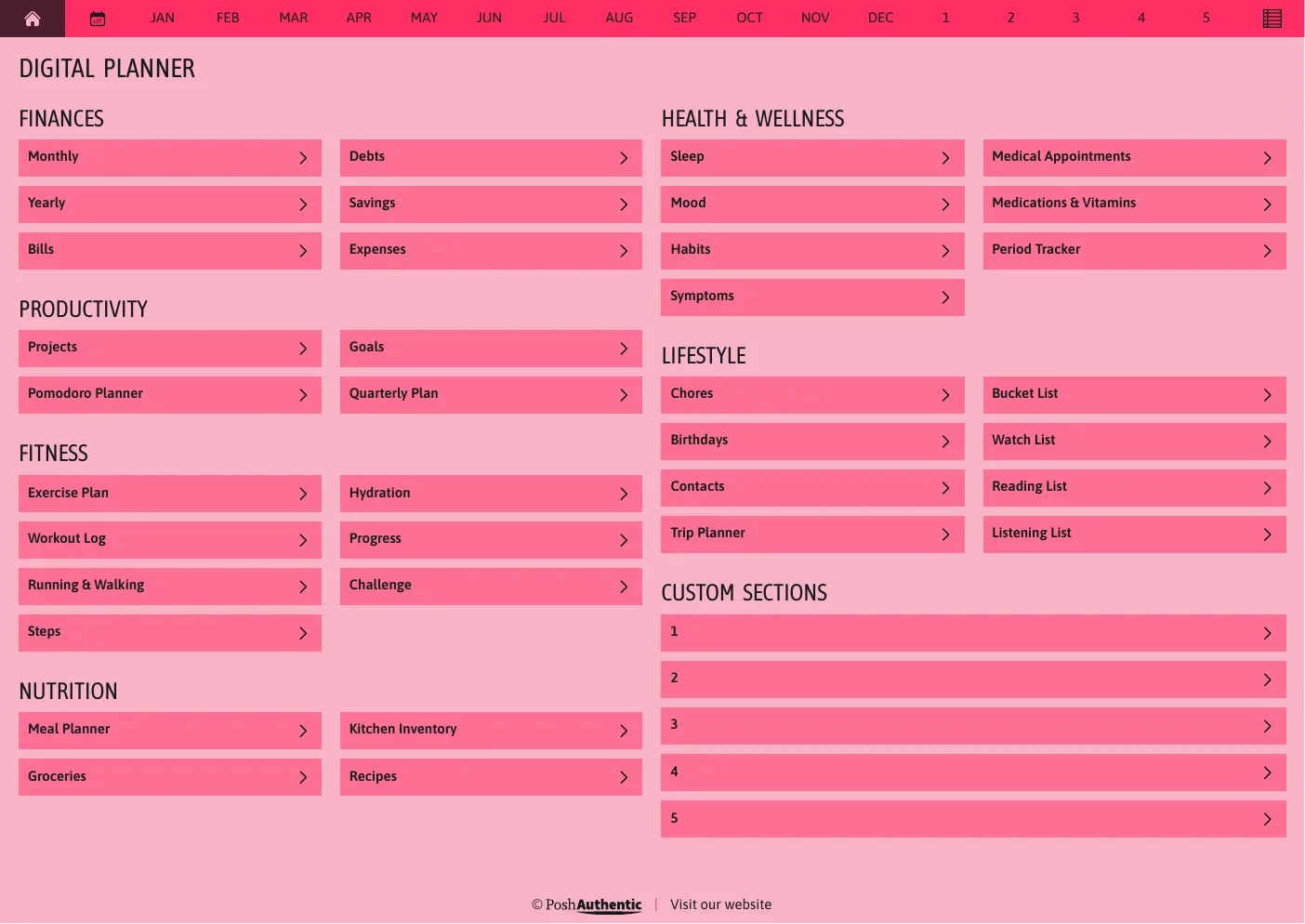 The planner’s dashboard page in the Red colorway — tappable section rows under the month navigation bar.