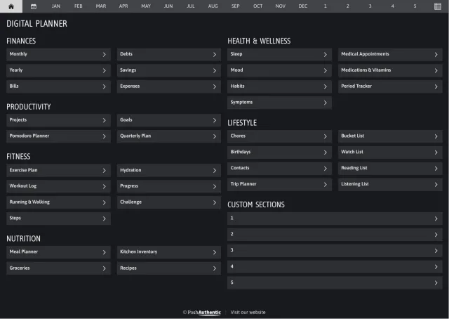 The planner’s dashboard page in the Silver dark mode colorway — tappable section rows under the month navigation bar.