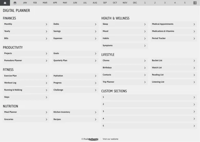 The planner’s dashboard page in the Silver colorway — tappable section rows under the month navigation bar.