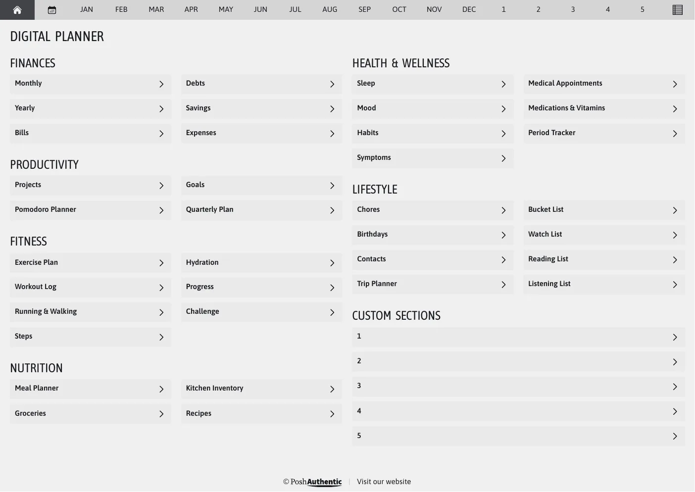 The planner’s dashboard page in the Silver colorway — tappable section rows under the month navigation bar.
