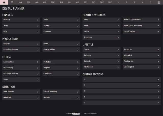 The planner’s dashboard page in the Pink dark mode colorway — tappable section rows under the month navigation bar.