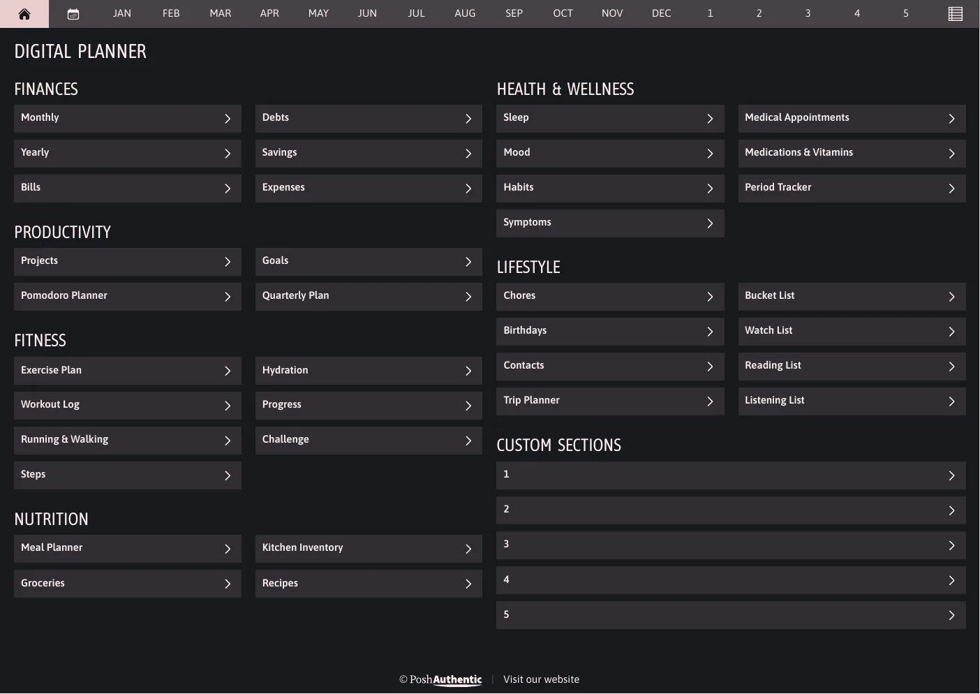 The planner’s dashboard page in the Pink dark mode colorway — tappable section rows under the month navigation bar.