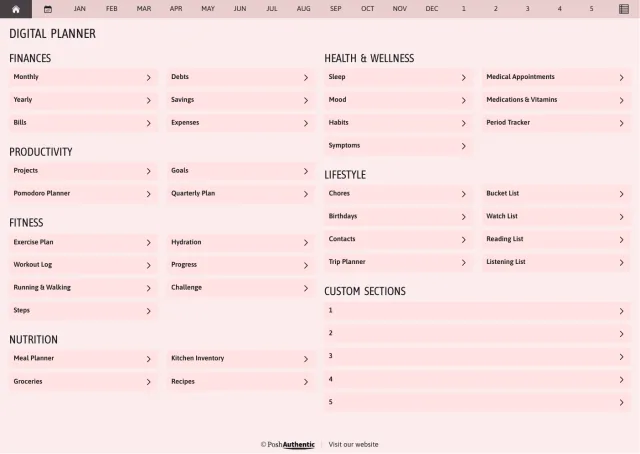 The planner’s dashboard page in the Pink colorway — tappable section rows under the month navigation bar.