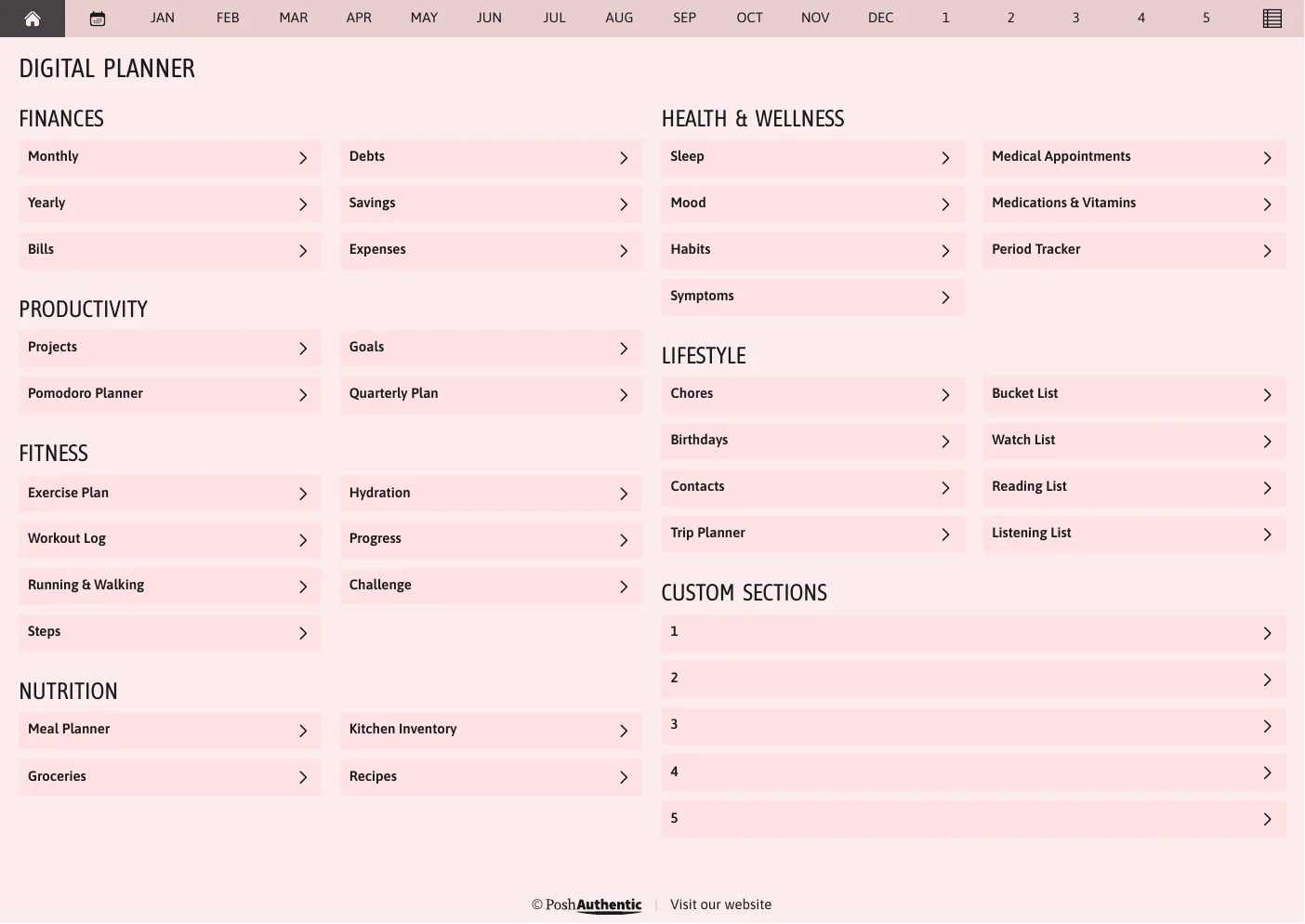 The planner’s dashboard page in the Pink colorway — tappable section rows under the month navigation bar.