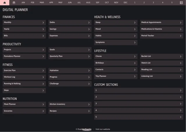 The planner’s dashboard page in the Rose dark mode colorway — tappable section rows under the month navigation bar.