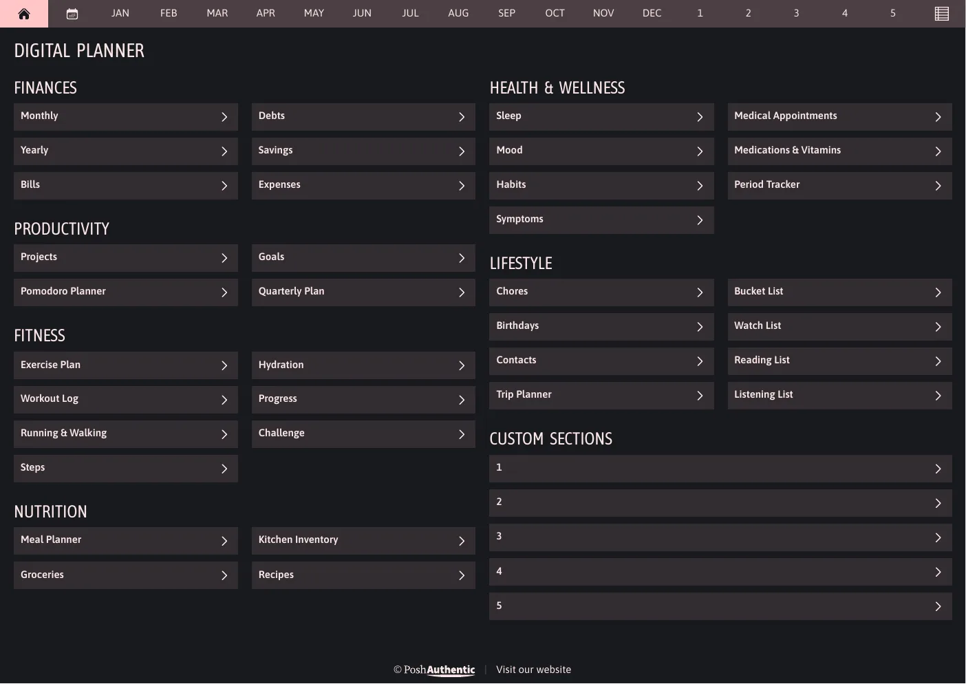 The planner’s dashboard page in the Rose dark mode colorway — tappable section rows under the month navigation bar.