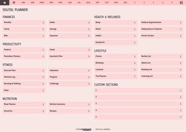 The planner’s dashboard page in the Rose colorway — tappable section rows under the month navigation bar.