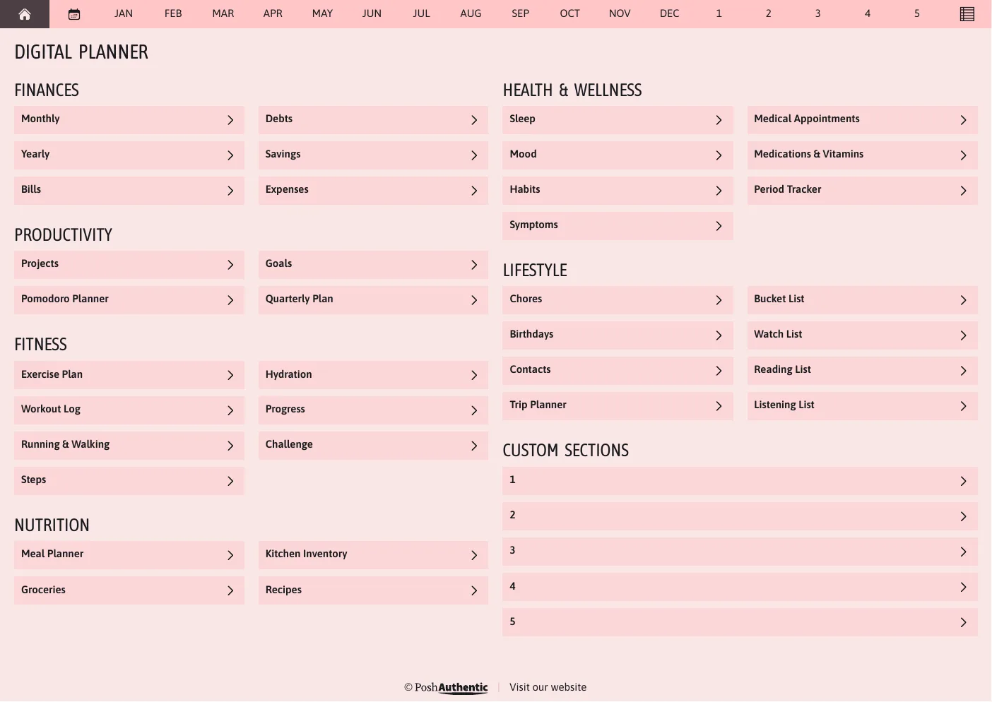 The planner’s dashboard page in the Rose colorway — tappable section rows under the month navigation bar.