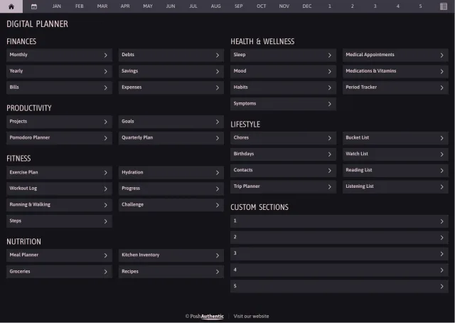 The planner’s dashboard page in the Soft Delight dark mode colorway — tappable section rows under the month navigation bar.