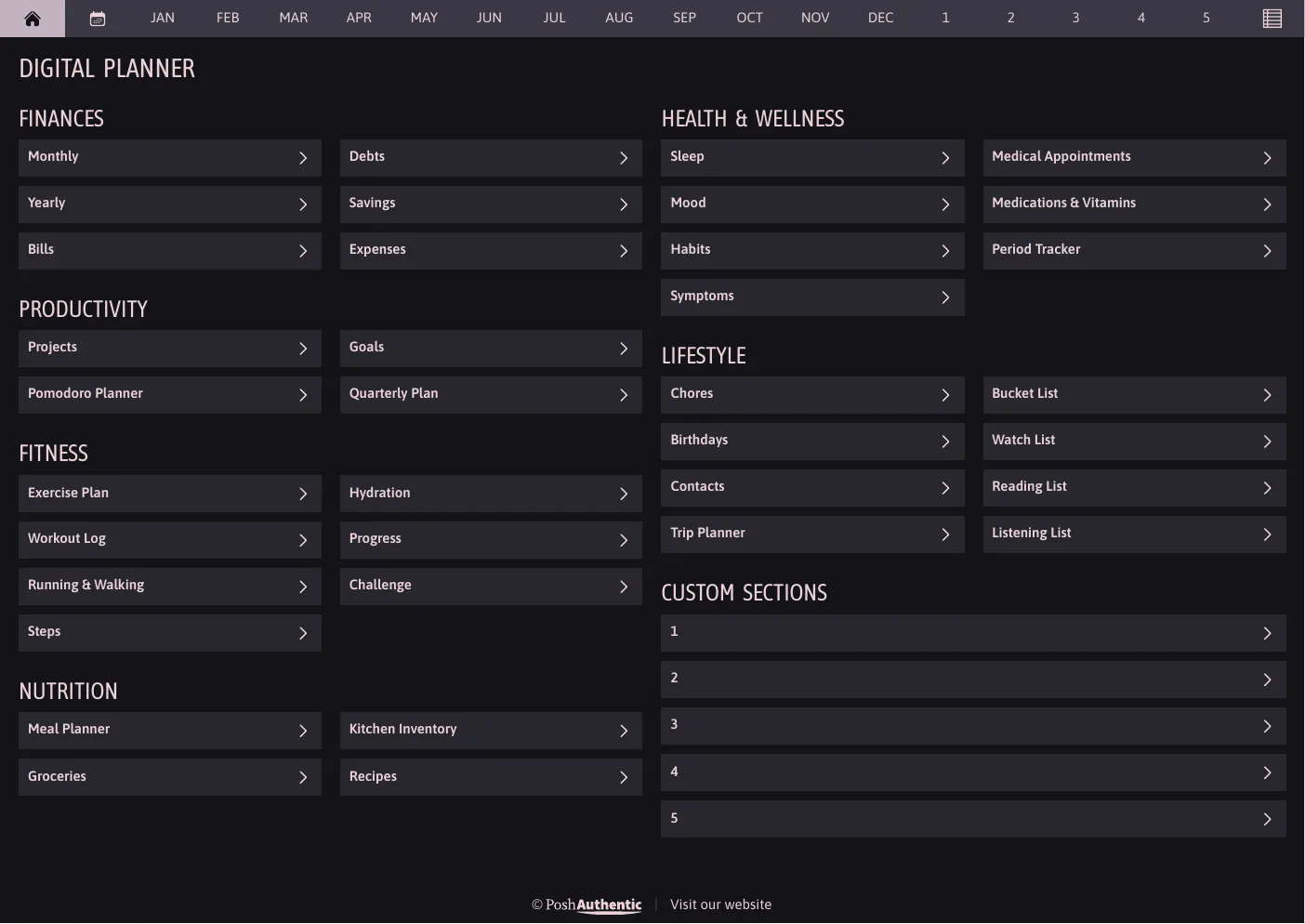 The planner’s dashboard page in the Soft Delight dark mode colorway — tappable section rows under the month navigation bar.