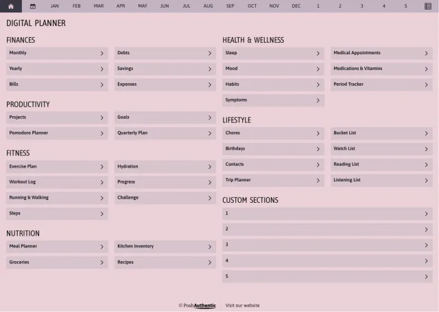 The planner’s dashboard page in the Soft Delight colorway — tappable section rows under the month navigation bar.
