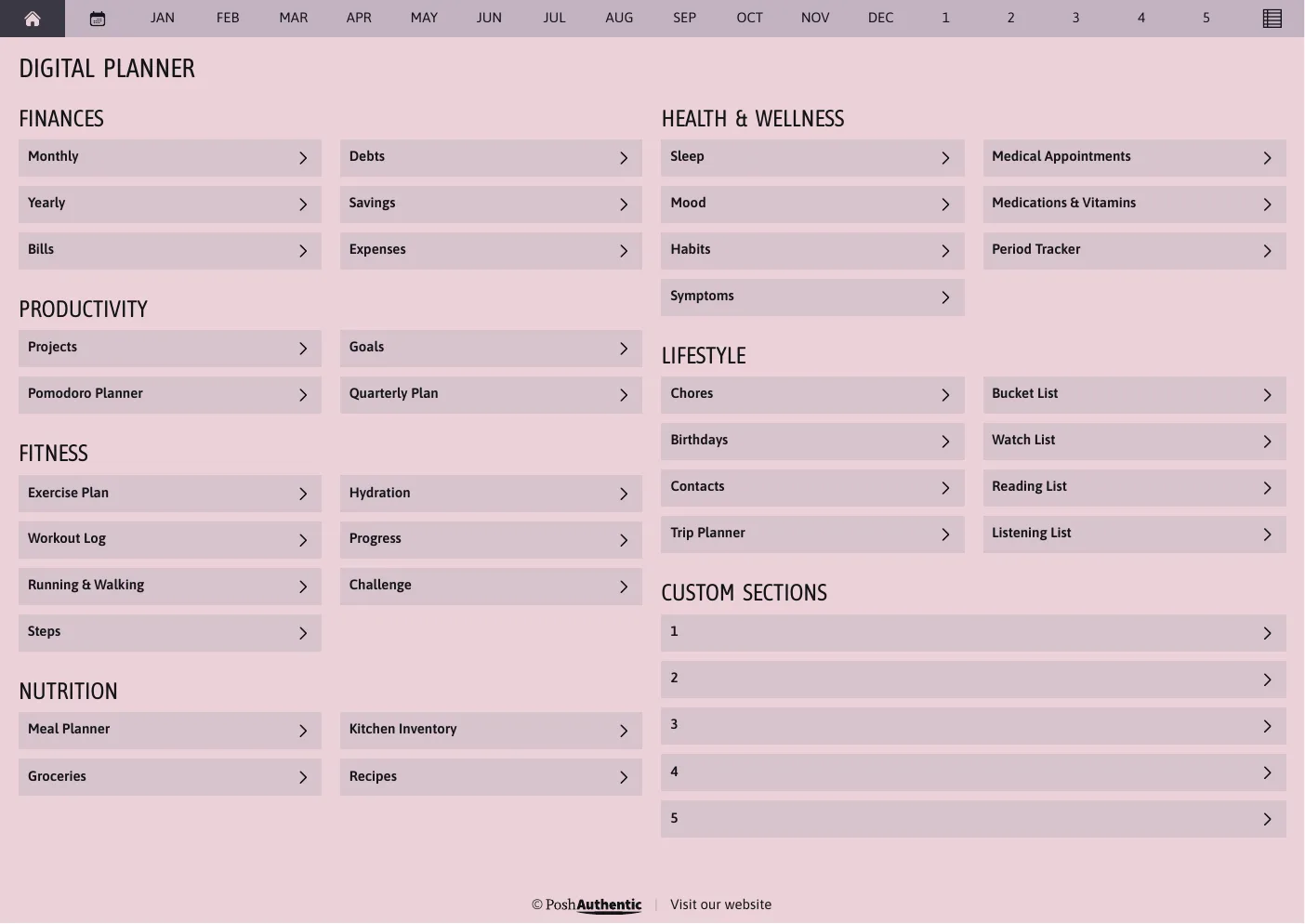 The planner’s dashboard page in the Soft Delight colorway — tappable section rows under the month navigation bar.