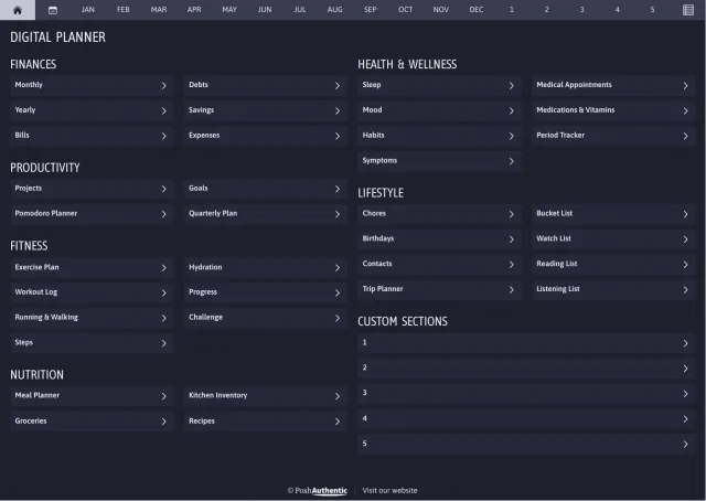 The planner’s dashboard page in the Violet dark mode colorway — tappable section rows under the month navigation bar.