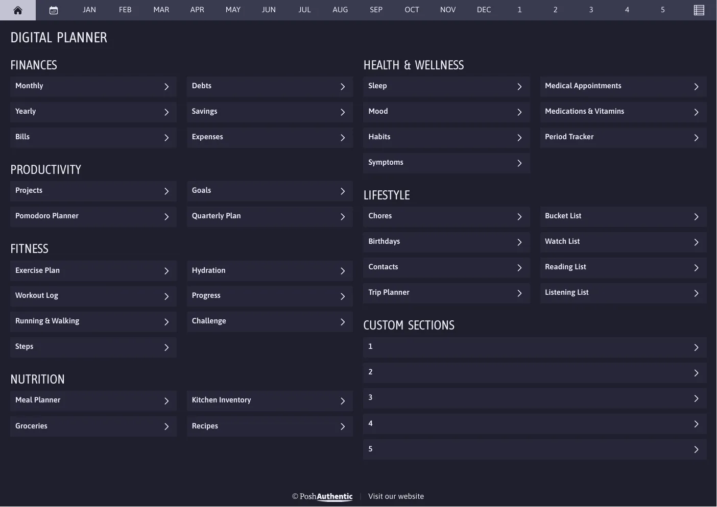 The planner’s dashboard page in the Violet dark mode colorway — tappable section rows under the month navigation bar.