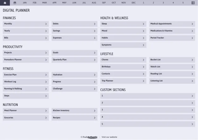 The planner’s dashboard page in the Violet colorway — tappable section rows under the month navigation bar.