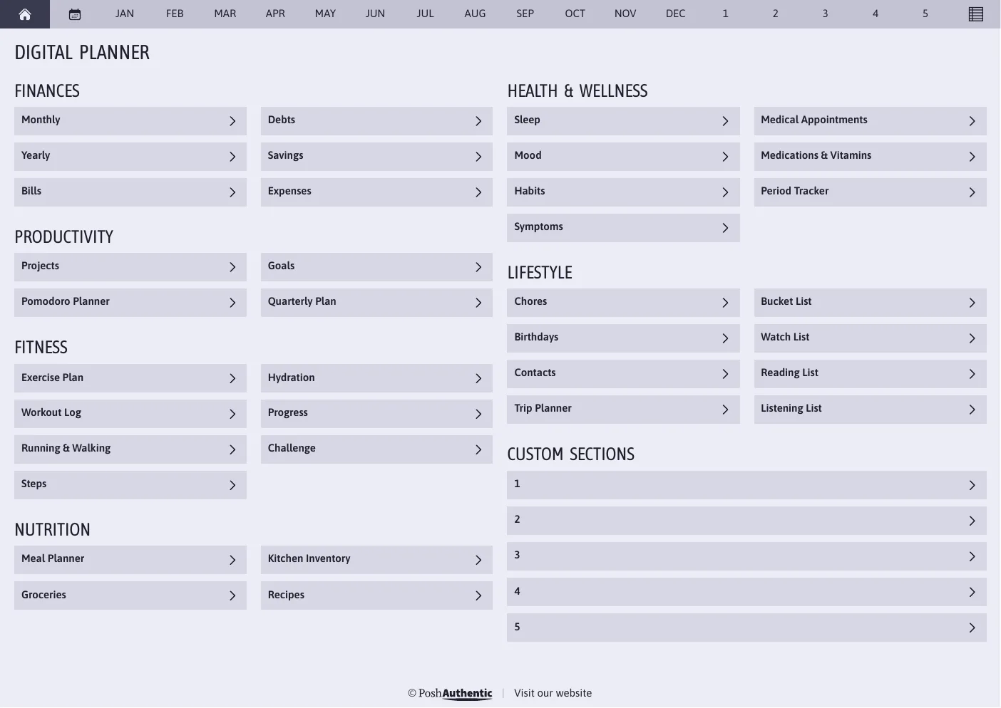 The planner’s dashboard page in the Violet colorway — tappable section rows under the month navigation bar.
