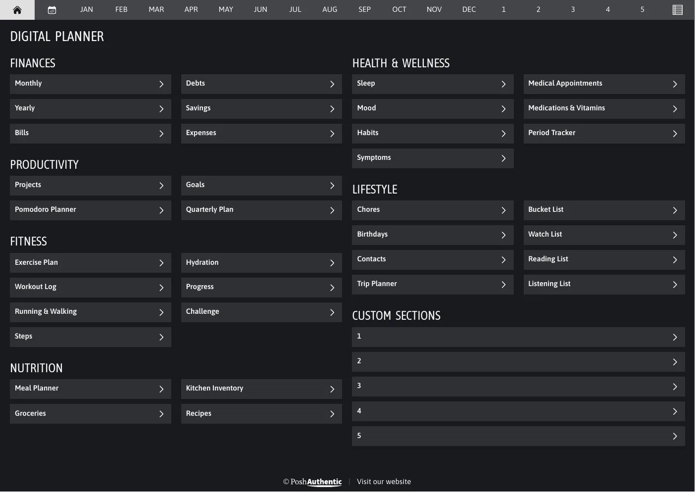 The planner’s dashboard page in the Black colorway — tappable section rows under the month navigation bar.