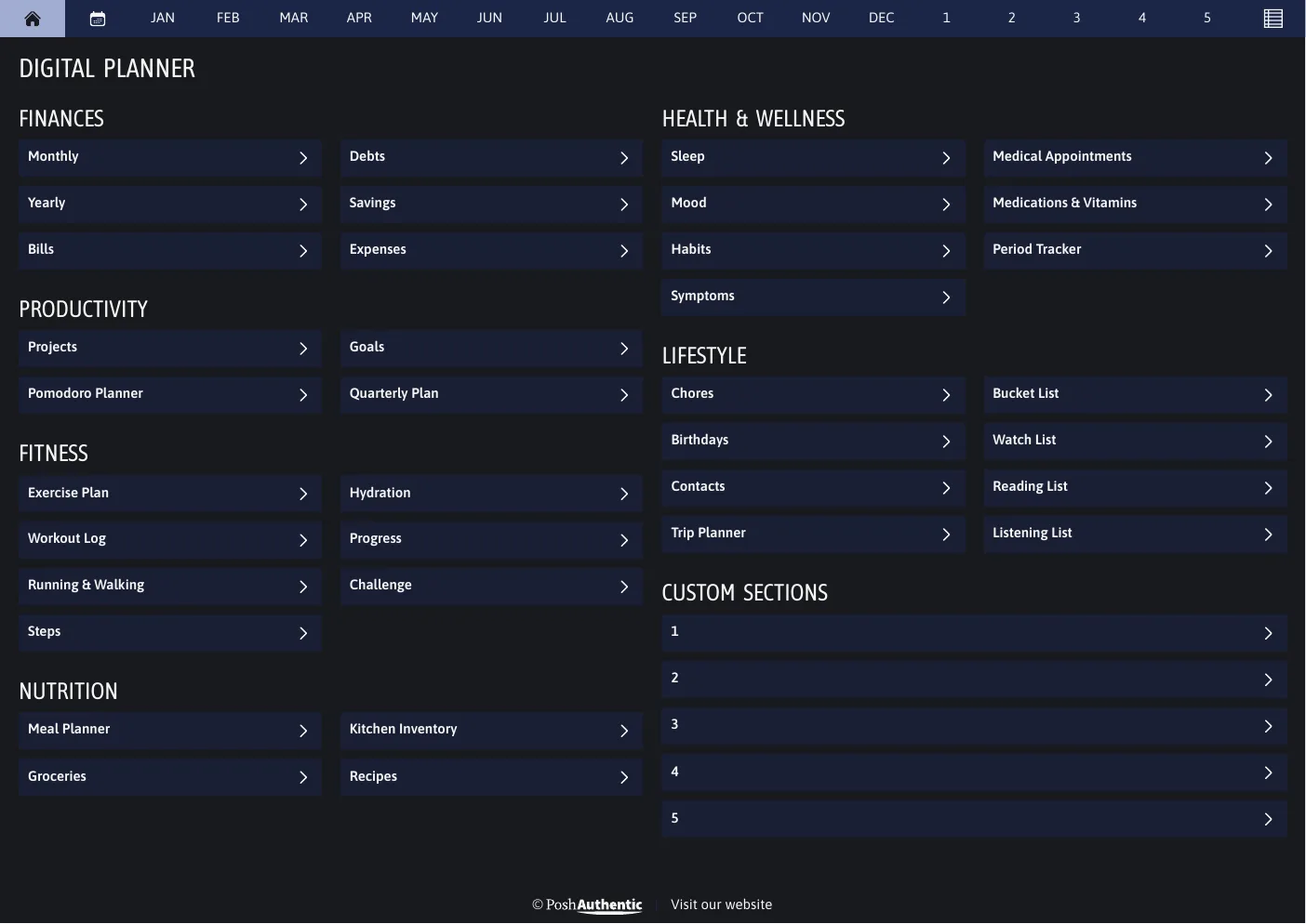 The planner’s dashboard page in the Blue dark mode colorway — tappable section rows under the month navigation bar.
