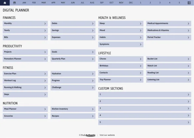 The planner’s dashboard page in the Blue colorway — tappable section rows under the month navigation bar.
