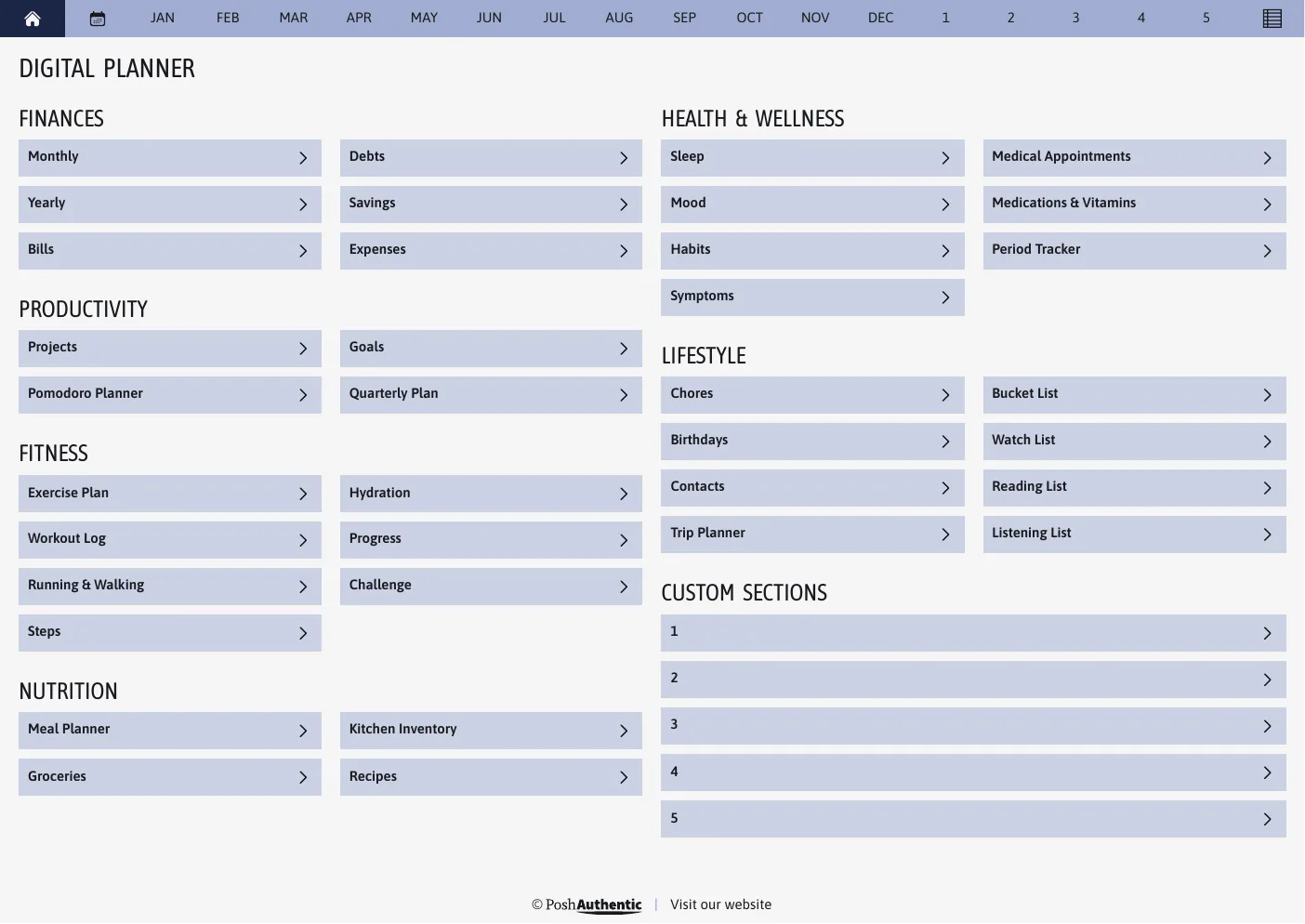 The planner’s dashboard page in the Blue colorway — tappable section rows under the month navigation bar.