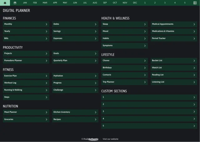 The planner’s dashboard page in the Green dark mode colorway — tappable section rows under the month navigation bar.