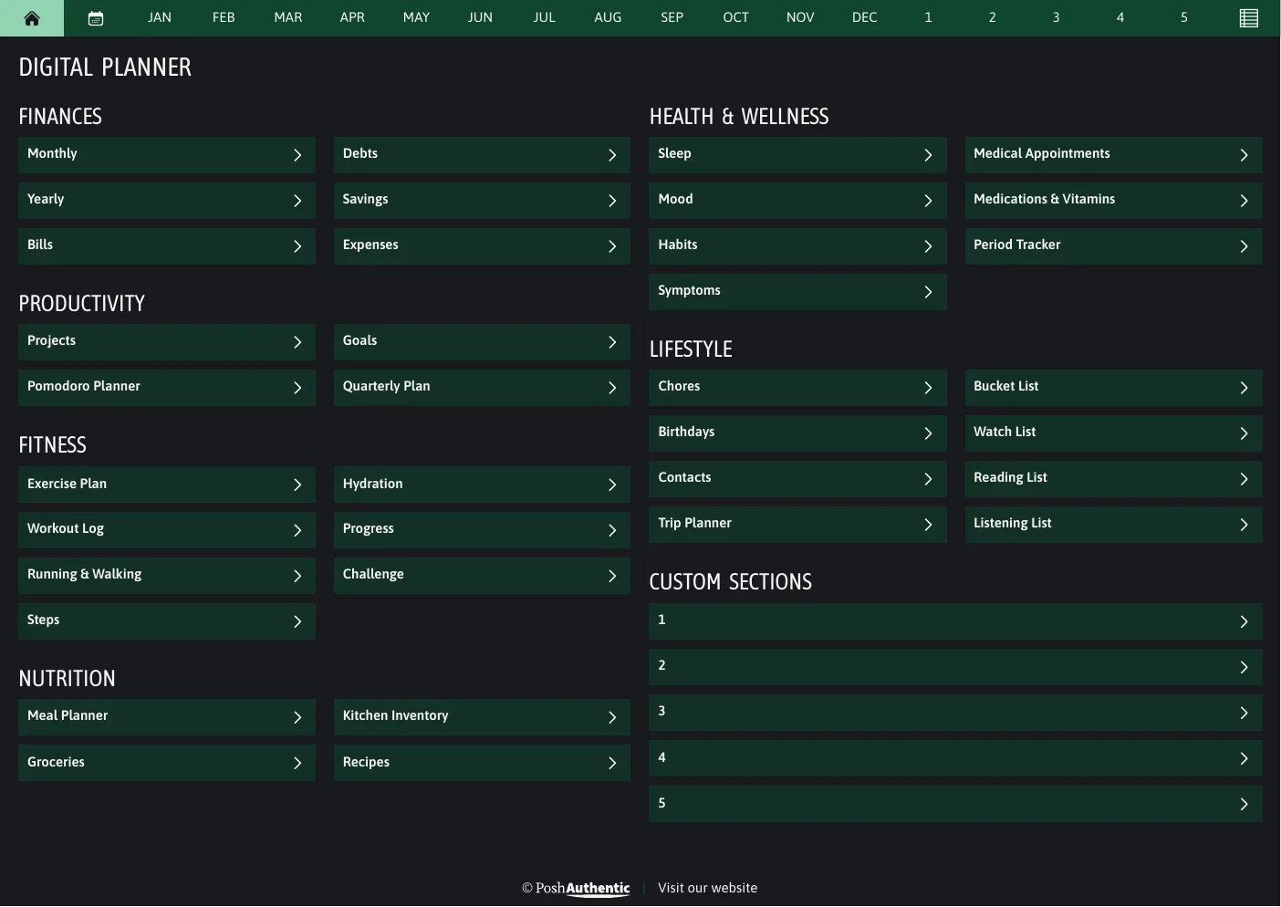 The planner’s dashboard page in the Green dark mode colorway — tappable section rows under the month navigation bar.
