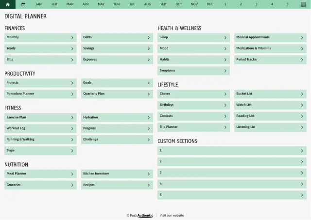The planner’s dashboard page in the Green colorway — tappable section rows under the month navigation bar.